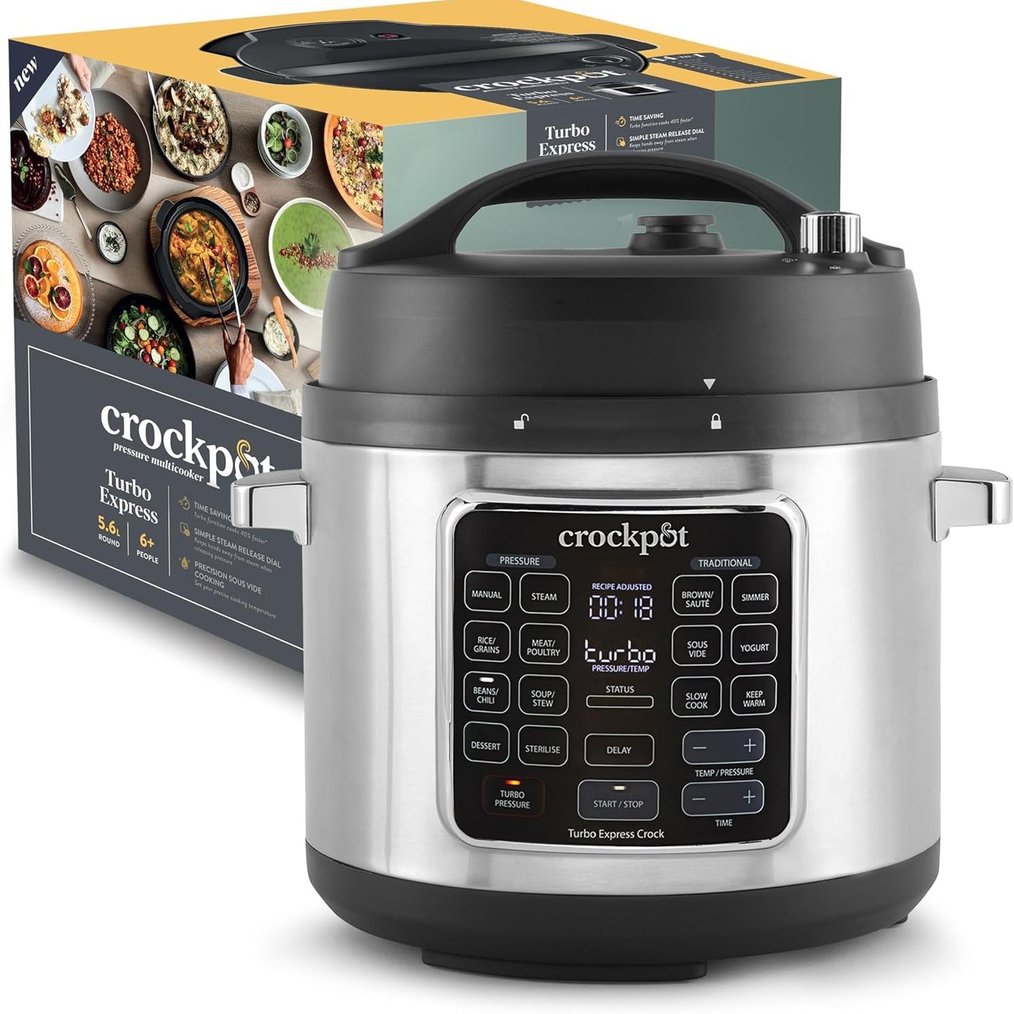 288154 - CROCKPOT Tenxhere shumëfunksionale Turbo Express, 5.6 L, 14 opsione gatimi, Zierje e ngadaltë, avull, gatim me presion, CSC062X