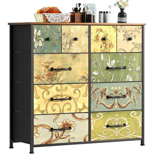 159504 - KOMODINË E MADHE: Komodinë 10-sirtarë prej pëlhure dhe druri, e përshtatshme për dhomën e ndenjes, të fëmijëve, hyrjen, korridorin, me kornizë metalike