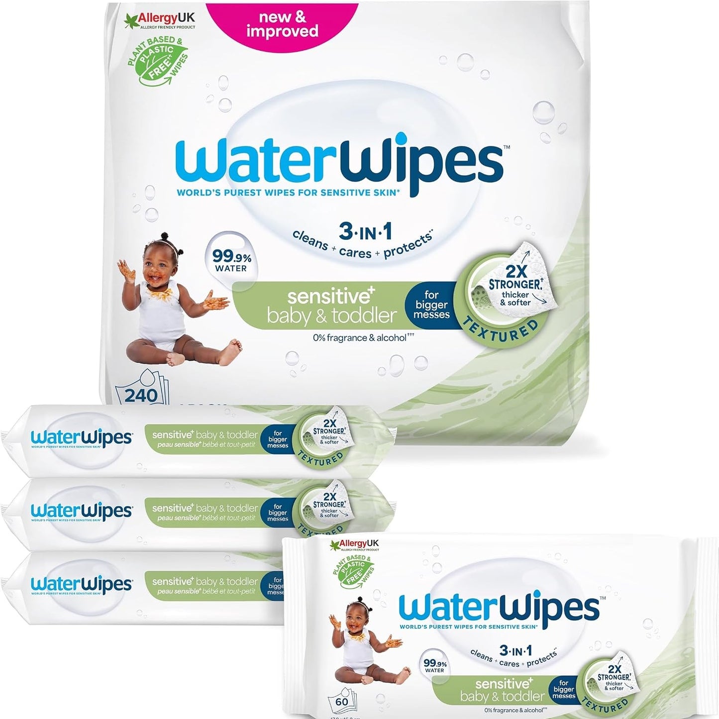 275639 - WATERWIPES Peceta Sensitive+, 240 copë (4 pako), pastron 3 në 1, 99.9% ujë, pa aromë