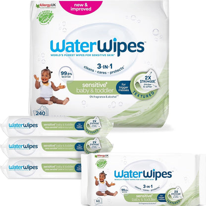 275639 - WATERWIPES Peceta Sensitive+, 240 copë (4 pako), pastron 3 në 1, 99.9% ujë, pa aromë