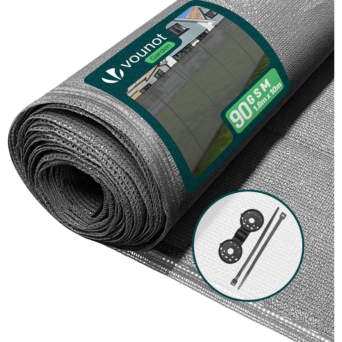 313527 - vounot® Ekran privatësie prej 90g/m² HDPE me elementë fiksues dhe kapëse, mbrojtje nga rrezet UV, rezistente ndaj grisjes dhe erës, mbrojtje për kopsht dhe ballkon, 1.8x10m, gri