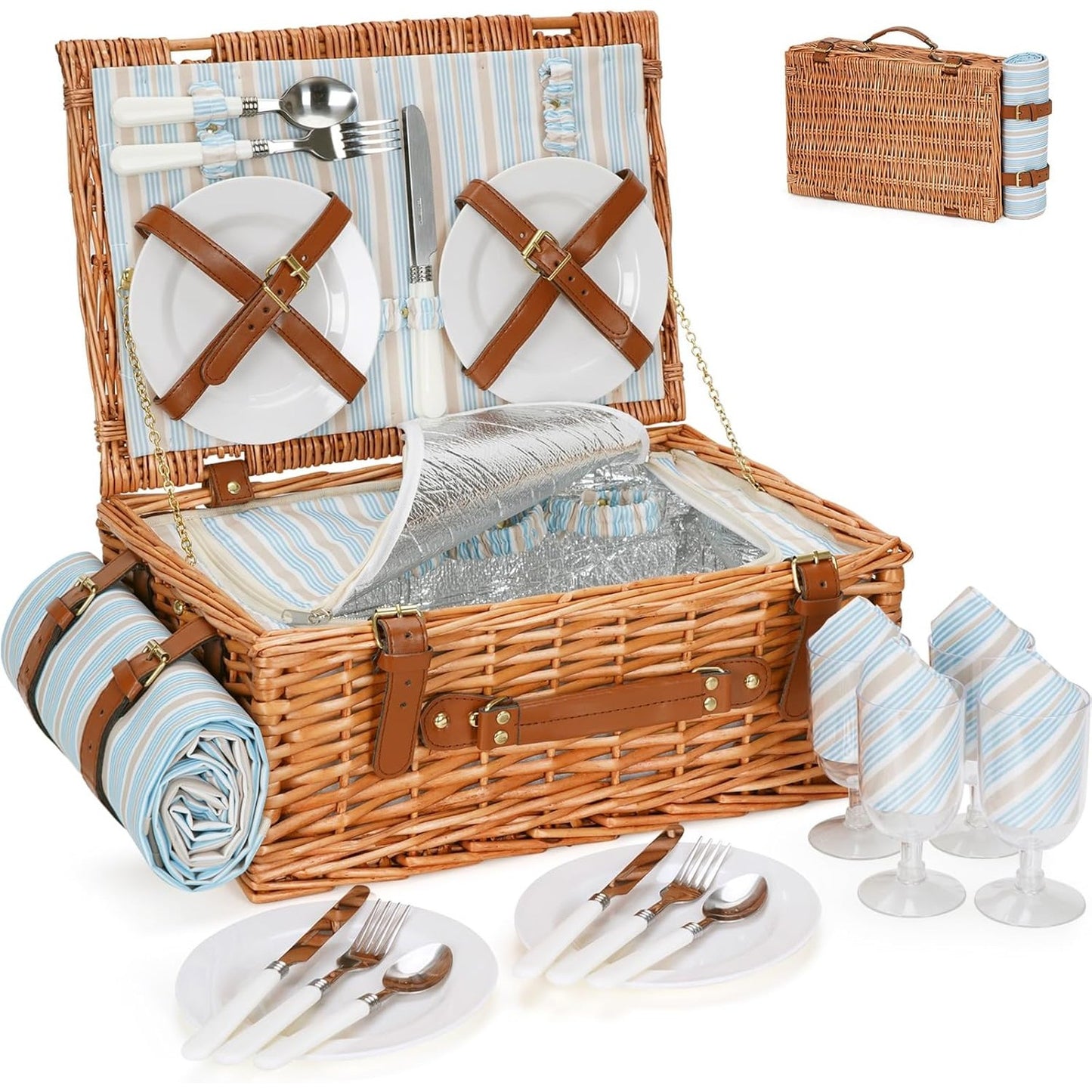 221274 - HAPPY PICNIC - Set Shportash Pikniku prej Thurjeje për 4 Persona, Shportë e Madhe prej Shelgu me Ndarje të Madhe Ftohëse të Izoluar