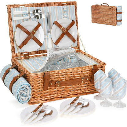 221274 - HAPPY PICNIC - Set Shportash Pikniku prej Thurjeje për 4 Persona, Shportë e Madhe prej Shelgu me Ndarje të Madhe Ftohëse të Izoluar