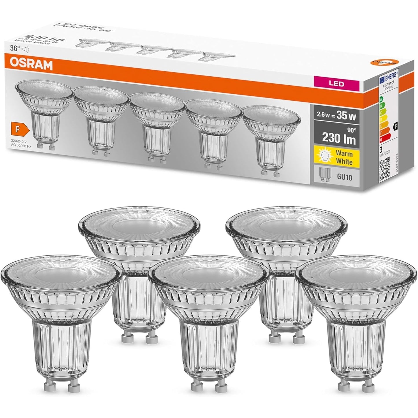 186281 - OSRAM LED PAR16, GU10, E Bardhë e Ngrohtë, 35V, kënd rrezeje 36 gradë, pako me 5 pjesë - Padimërueshme