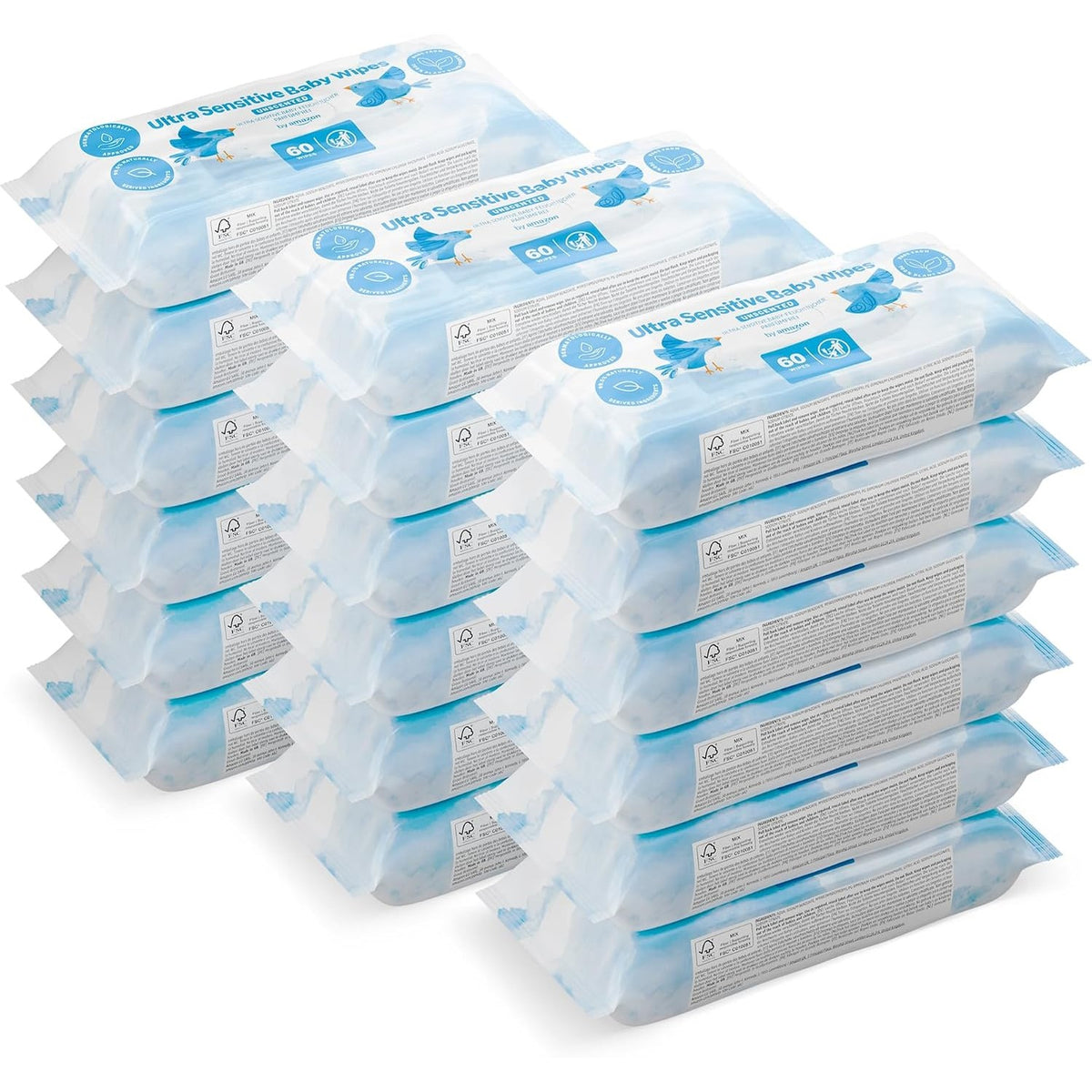 301106 - Amazon Peceta Ultrasensitive për Fëmijë, 100% fibra bimore, 99% ujë, pa aromë, 15 pako me nga 60 peceta
