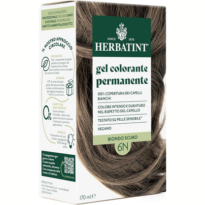308180 - HERBATINT Xhel për Ngjyrosje të Përhershme për Flokë 6N Bjonde e Errët - 170 ml, pa amoniak, mbulim 100% i flokëve të grira, për lëkurë të ndjeshme