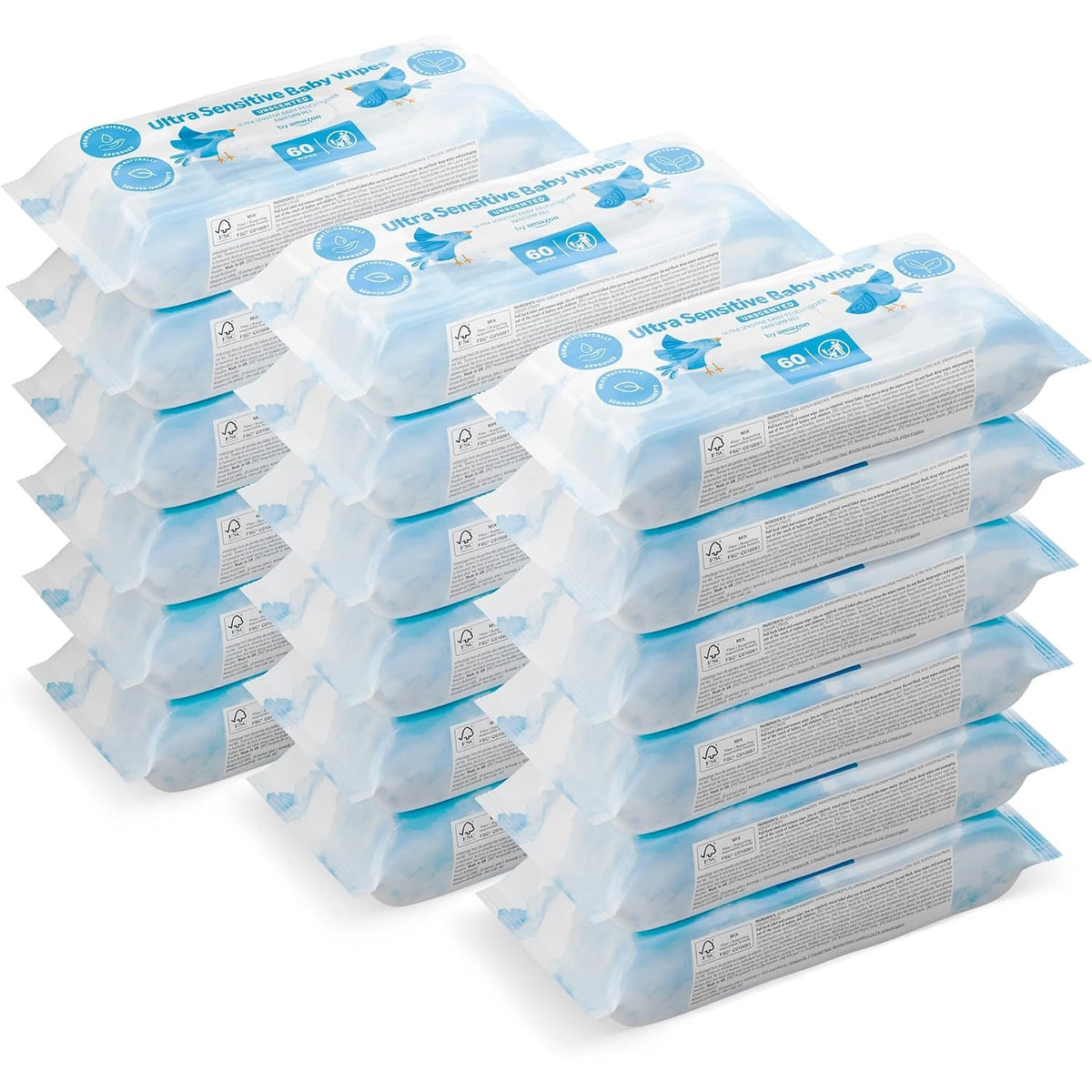297419 - Amazon Peceta Ultrasensitive për Fëmijë, 100% fibra bimore, 99% ujë, 1080 peceta, pa aromë, 18 pako me nga 60 peceta