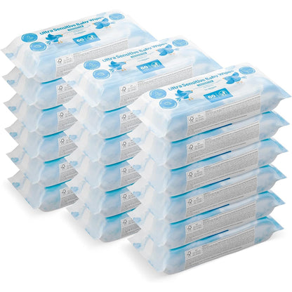 297419 - Amazon Peceta Ultrasensitive për Fëmijë, 100% fibra bimore, 99% ujë, 1080 peceta, pa aromë, 18 pako me nga 60 peceta