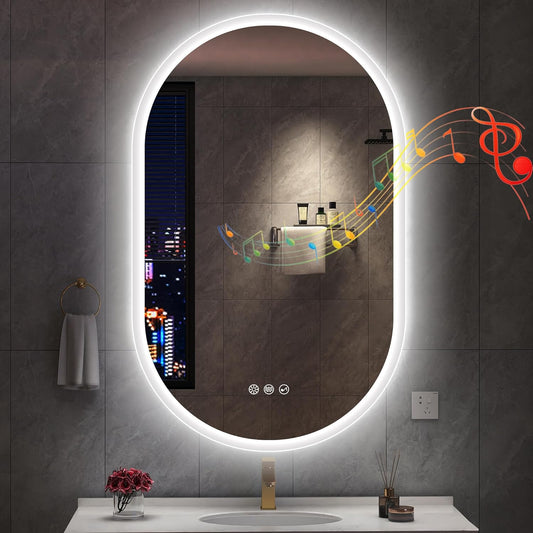 157037 - PASQYRË BANJOJE S'BAGNO Bluetooth me Dritë Ovale 50x80cm, Kundër Mjegullës, LED me Memorie, 3000K-6500K, me Errësim, Xham i Temperuar HD, IP44 i Papërshkueshëm nga Uji, Horizontale/Vertikale