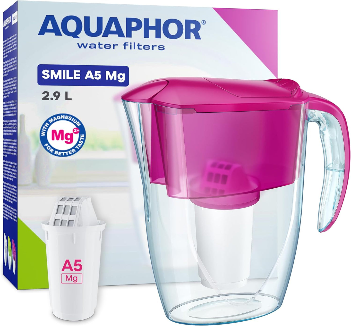 219286 - AQUAPHOR Enë Filtri Smile, 2.9 L, për Dyert e Frigoriferit, përfshin Filtër A5 350 L, Rozë