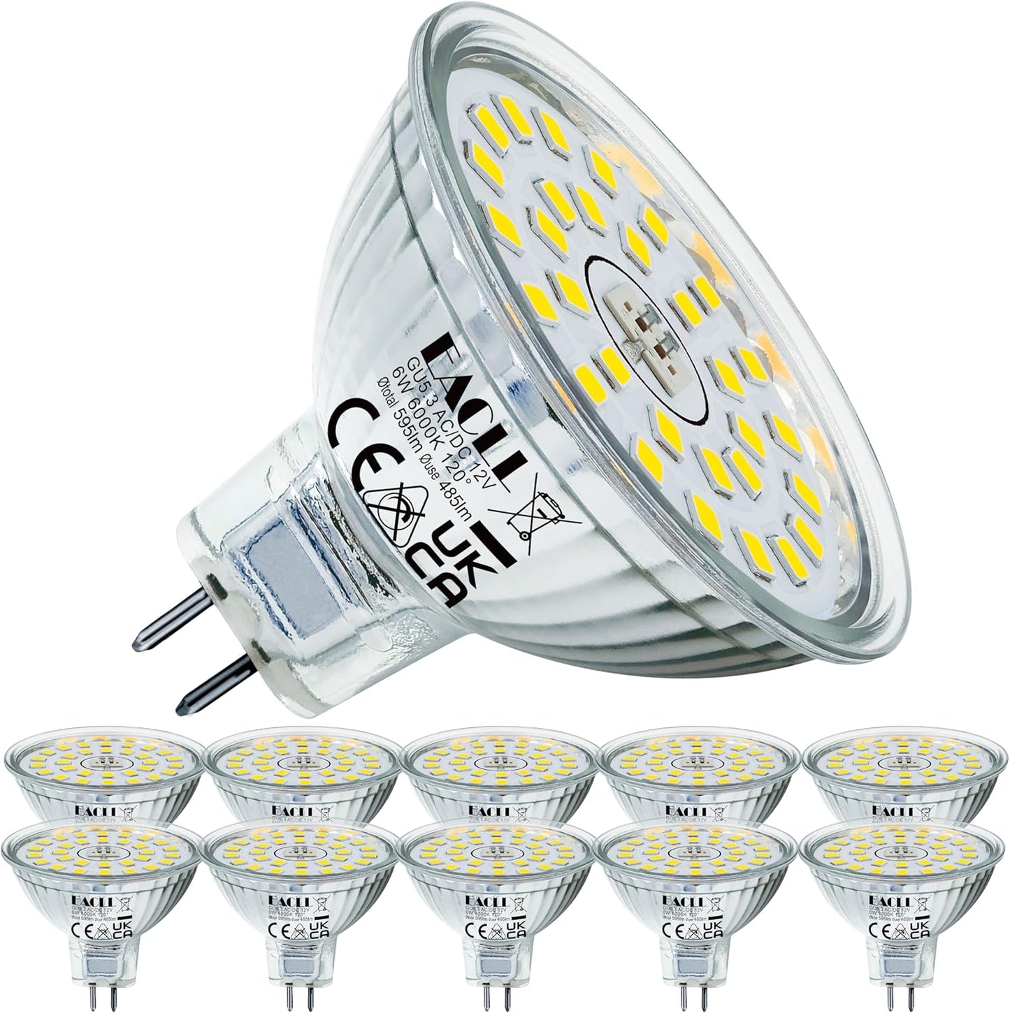 256064 - EACLL GU5.3 LED e Bardhë e Ftohtë, 6W, zëvendëson llambën halogjene MR16 50W, pako me 11 llampa, burim drite 6000K, 595 lumen, dritë e qendrës AC/DC 12V, kënd rreze 120 gradë, llampa reflektuese pa errësim
