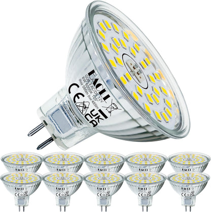 256064 - EACLL GU5.3 LED e Bardhë e Ftohtë, 6W, zëvendëson llambën halogjene MR16 50W, pako me 11 llampa, burim drite 6000K, 595 lumen, dritë e qendrës AC/DC 12V, kënd rreze 120 gradë, llampa reflektuese pa errësim