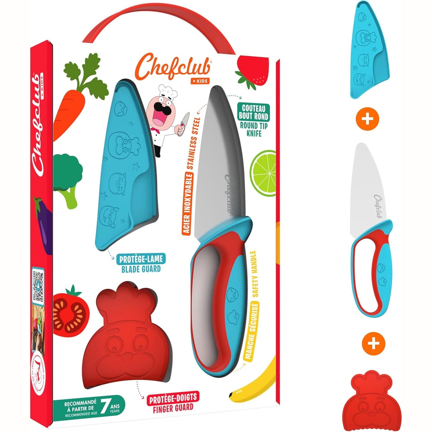 228135 - CHEFCLUB KIDS Set Thikash Kuzhine për Fëmijë, Teh çeliku inox, Mbrojtëse për gishtat, Enë e sigurt dhe ergonomike, Blu dhe e kuqe