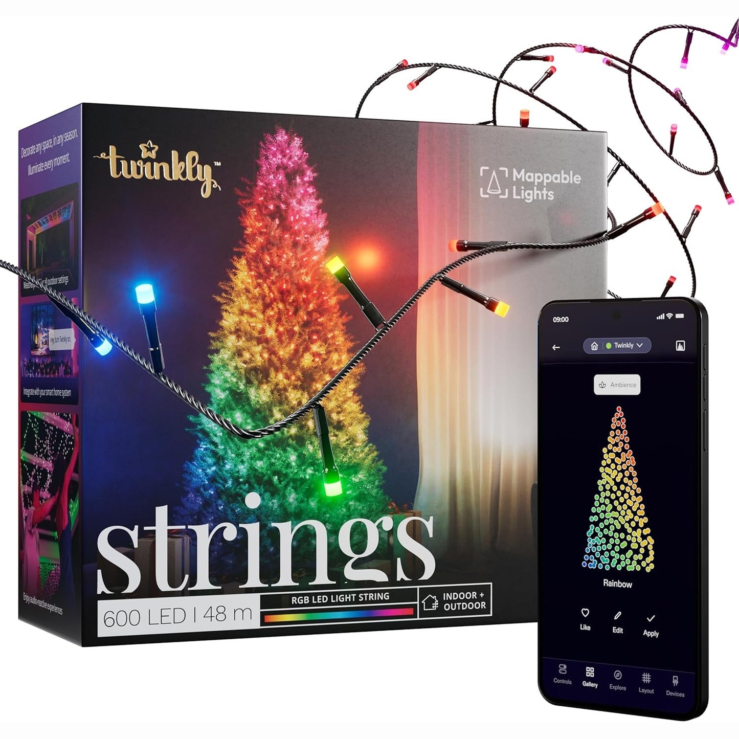187035 - TWINKLY Strings - Shirita me 600 Drita LED RGB për Ambient të Jashtëm dhe të Brendshëm, Kompatibël me Alexa dhe Google Home, Drita të Hartëzueshme, IP44, Kontroll Nga Aplikacioni, Tel i Zi, 48 m
