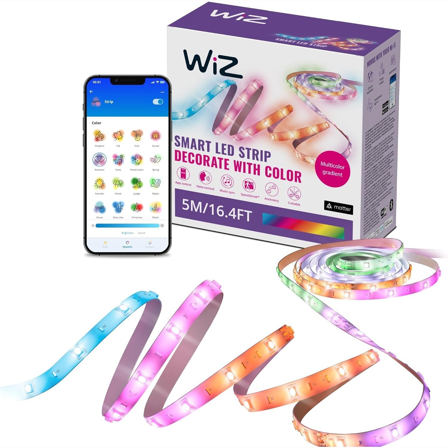 245744 - WiZ Shirit LED inteligjent, 5 metra, 16 milion ngjyra, Sensor lëvizjeje, Lidhje Wi-Fi, Kontroll zanor, Aplikacion, Alexa, Asistent Google