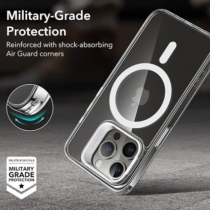141877 - ESR këllëf për iPhone 15 Pro, i pajtueshëm me MagSafe, transparent me mbrojtje të nivelit ushtarak. Me mbajtëse të integruar dhe pjesë të pasme rezistente për mbrojtje të përditshme.