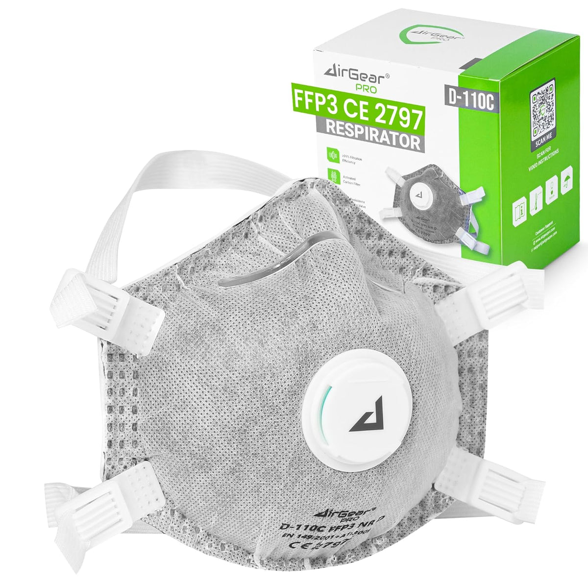 322440 - AIRGEARPRO Maskë D-110C FFP3 me Valvul, paketë me 10 copë, maskë pluhuri, mbrojtje respiratore