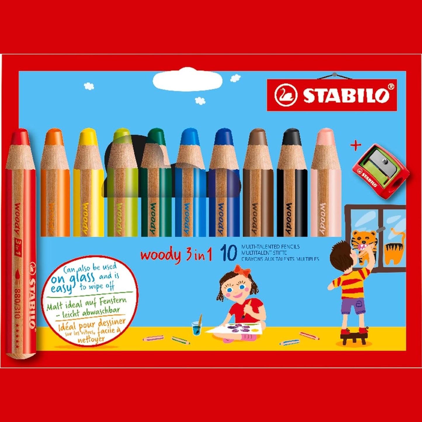 273733 - STABILO Laps me ngjyra, bojëra uji dhe laps dylli - druri 3 në 1 - pako me 10 copë me mprehëse