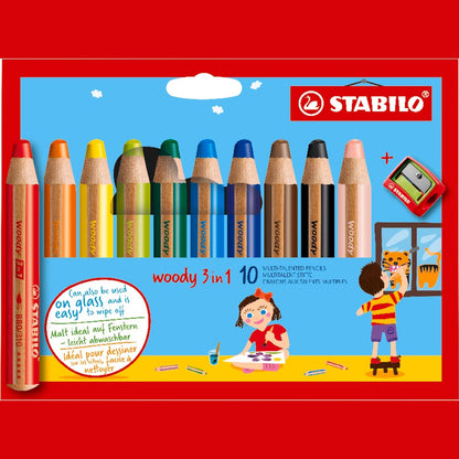 273733 - STABILO Laps me ngjyra, bojëra uji dhe laps dylli - druri 3 në 1 - pako me 10 copë me mprehëse