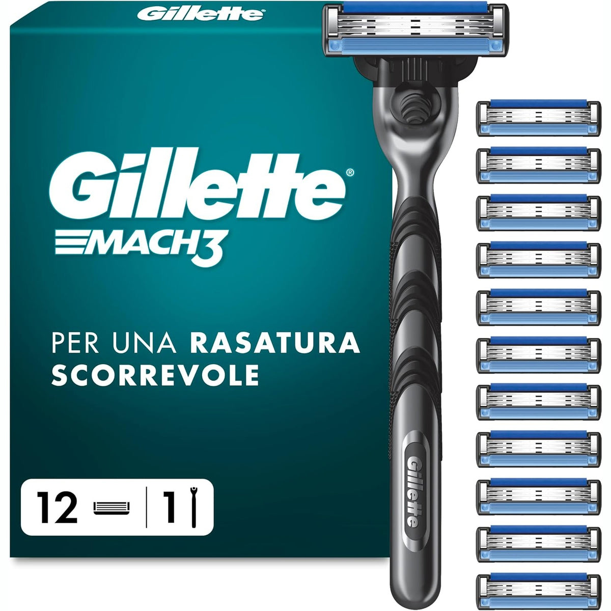 303155 - GILLETTE Brisku për Burra Mach3, dorezë çeliku inox, 12 fishekë mbushës me 3 tehe, shirit lubrifikues.