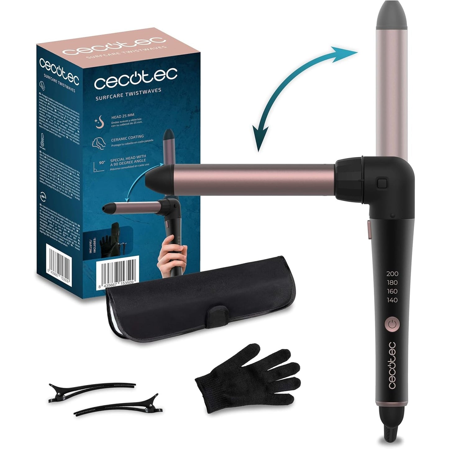 271577 - CECOTEC Stirafrisa SurfCare 3200 TwistWaves, 60W, Pllakë me diametër 32 mm, Kënd 90°, Temperaturë e rregullueshme, Dorezë ngrohjeje, Kuti dhe 2 Kapëse, Kordon rrotullues