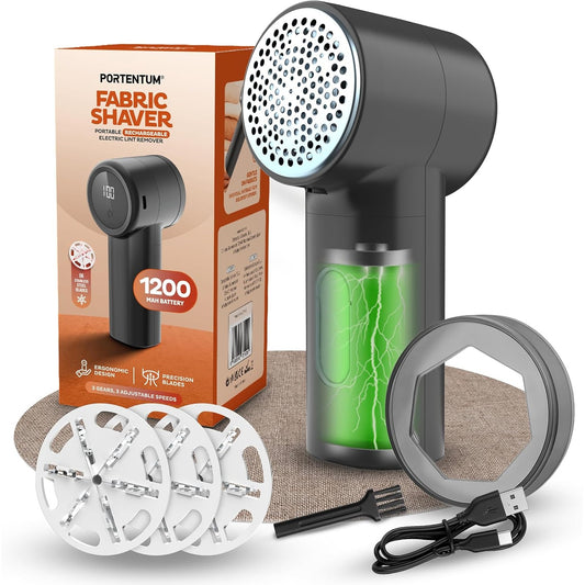 137720 - PORTENTUM Heqës Pushi Elektrik - Ekran LED, 3 Shpejtësi, 9,000 RPM, Teh 6-Fletë, Jetëgjatësi e Baterisë 2 Orë, Riciklueshmëri me USB C, Fuqia e Kompaktit për Rroba dhe Pëlhura Shtëpiake