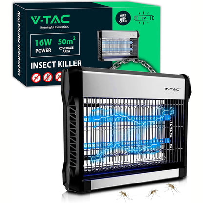 288709 - V-TAC Vrasës Elektrik Mushkonjash 16W, Sipërfaqe Operative 50m², Dizajn i Hollë, Dritë Blu UV, Përdorim të Brendshëm dhe të Jashtëm, Fuqi 16W
