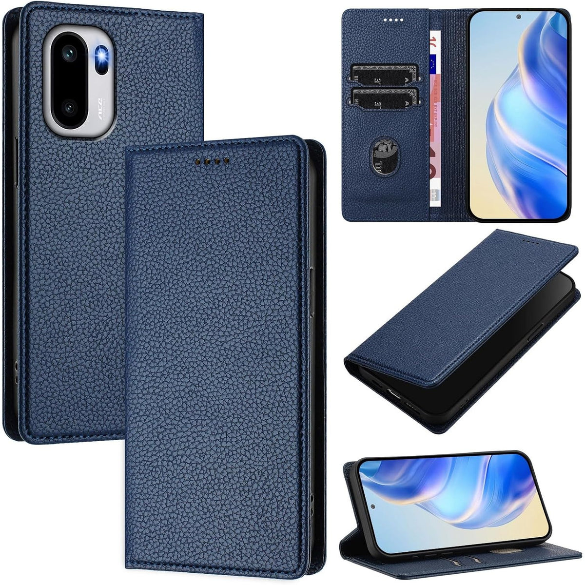 310476 - XINYEXIN Mbrojtëse lëkure për OnePlus 15R, Mbrojtëse prej lëkure PU me hapje dhe vend për kartë, Mbështetëse, Mbyllje magnetike, Mbrojtëse telefoni Folio - Blu e errët