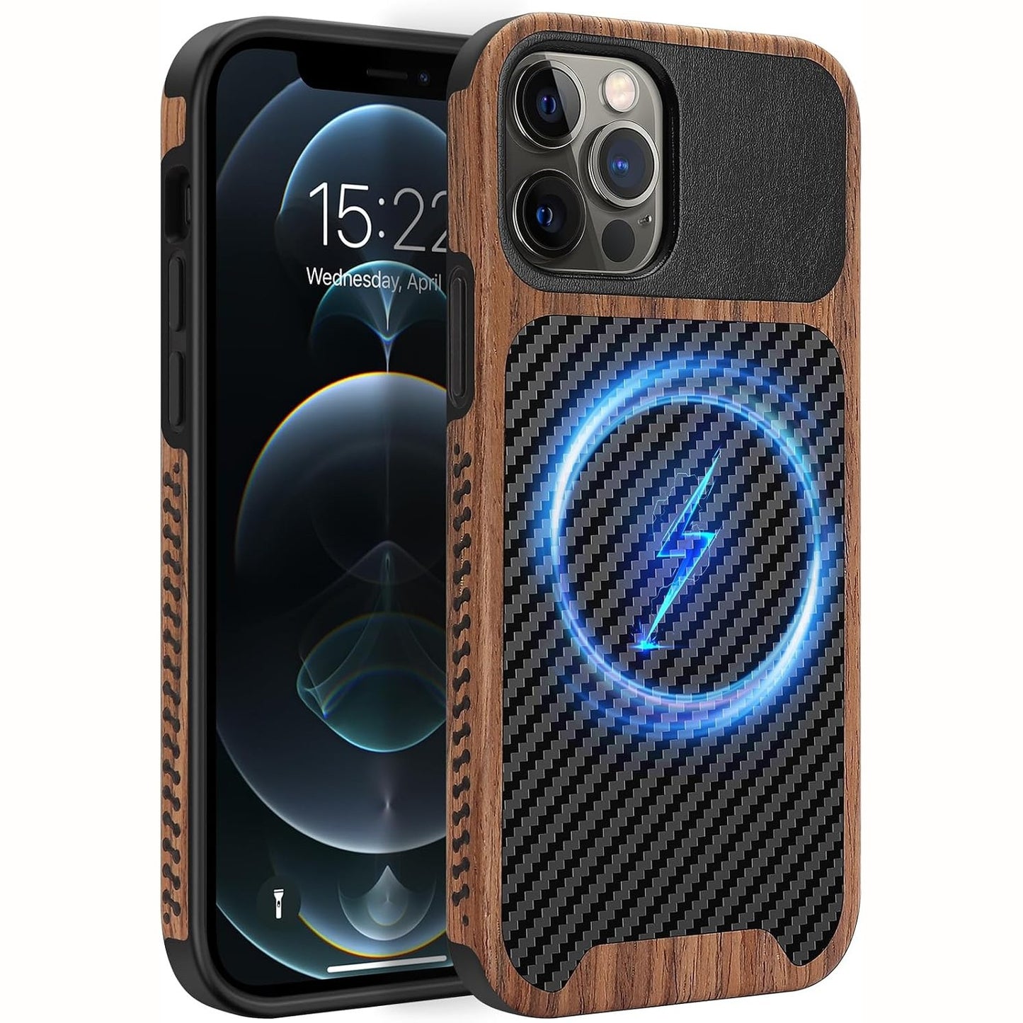 269042 - ZZDZZ - Mbështjellëse Magnetike për iPhone 12 Pro/iPhone 12, Mbrojtëse prej Druri dhe Lëkure, E Zezë