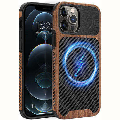 269042 - ZZDZZ - Mbështjellëse Magnetike për iPhone 12 Pro/iPhone 12, Mbrojtëse prej Druri dhe Lëkure, E Zezë