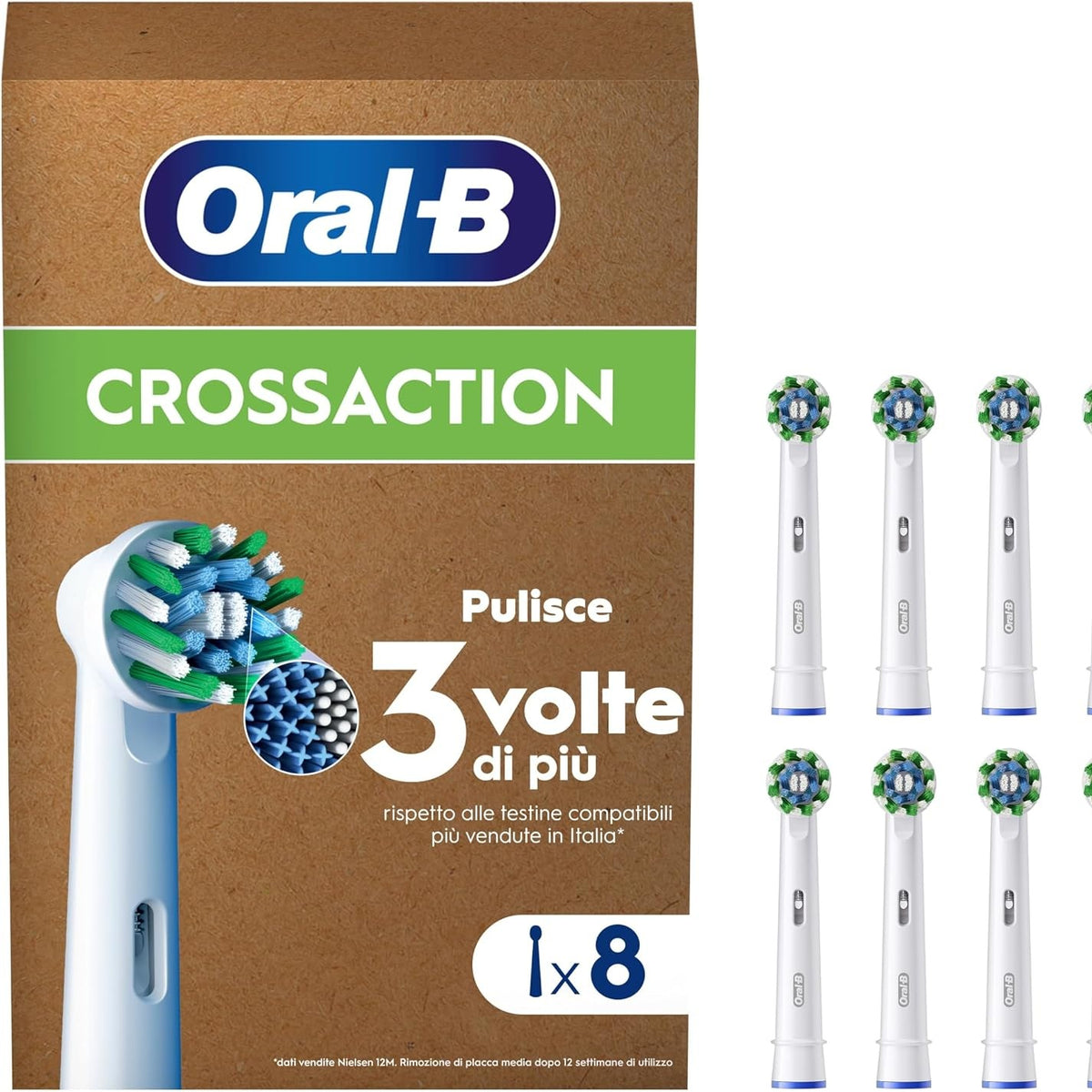 316135 - ORAL-B Koka Furçash Zëvendësuese Cross Action, Pako me 8, të Bardha, Filamente për Heqjen e Pllakës