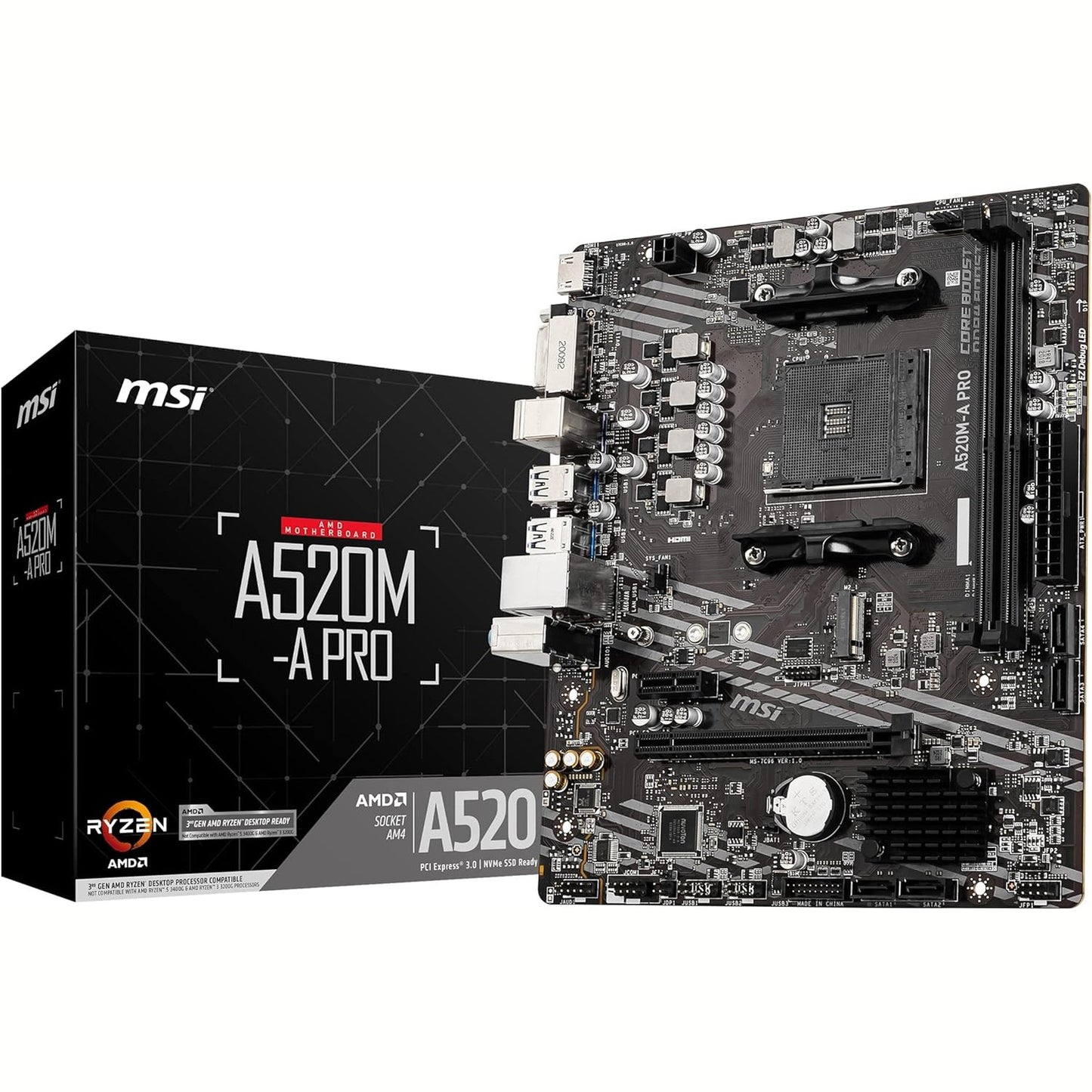 266154 - MSI A520M-A Pro Pllakë amë Micro-ATX për procesorët AMD Ryzen të gjeneratës së 3-të, AM4, DDR4 Boost (4600MHz/OC), 1 x PCIe 3.0 x1, 1 x M.2 Gen3 x4, Gigabit LAN