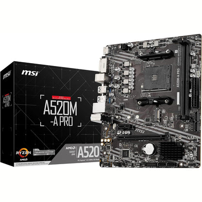 266154 - MSI A520M-A Pro Pllakë amë Micro-ATX për procesorët AMD Ryzen të gjeneratës së 3-të, AM4, DDR4 Boost (4600MHz/OC), 1 x PCIe 3.0 x1, 1 x M.2 Gen3 x4, Gigabit LAN