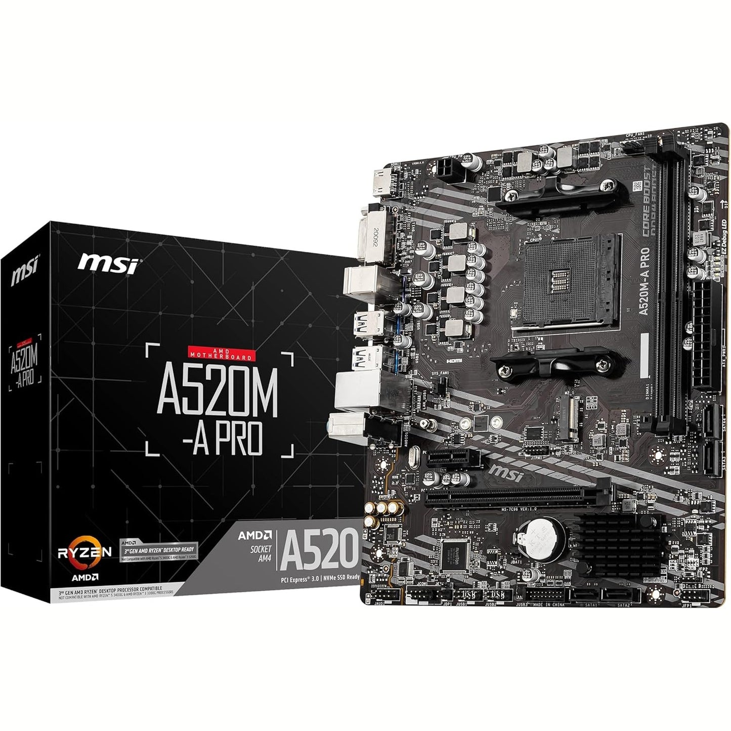 268019 - PLLAKË AMË MSI A520M-A PRO MICRO-ATX, për procesorët AMD Ryzen të gjeneratës së 3-të, AM4, DDR4 Boost (4600MHz/OC), 1 x PCIe 3.0 x1, 1 x M.2 Gen3 x4, Gigabit LAN