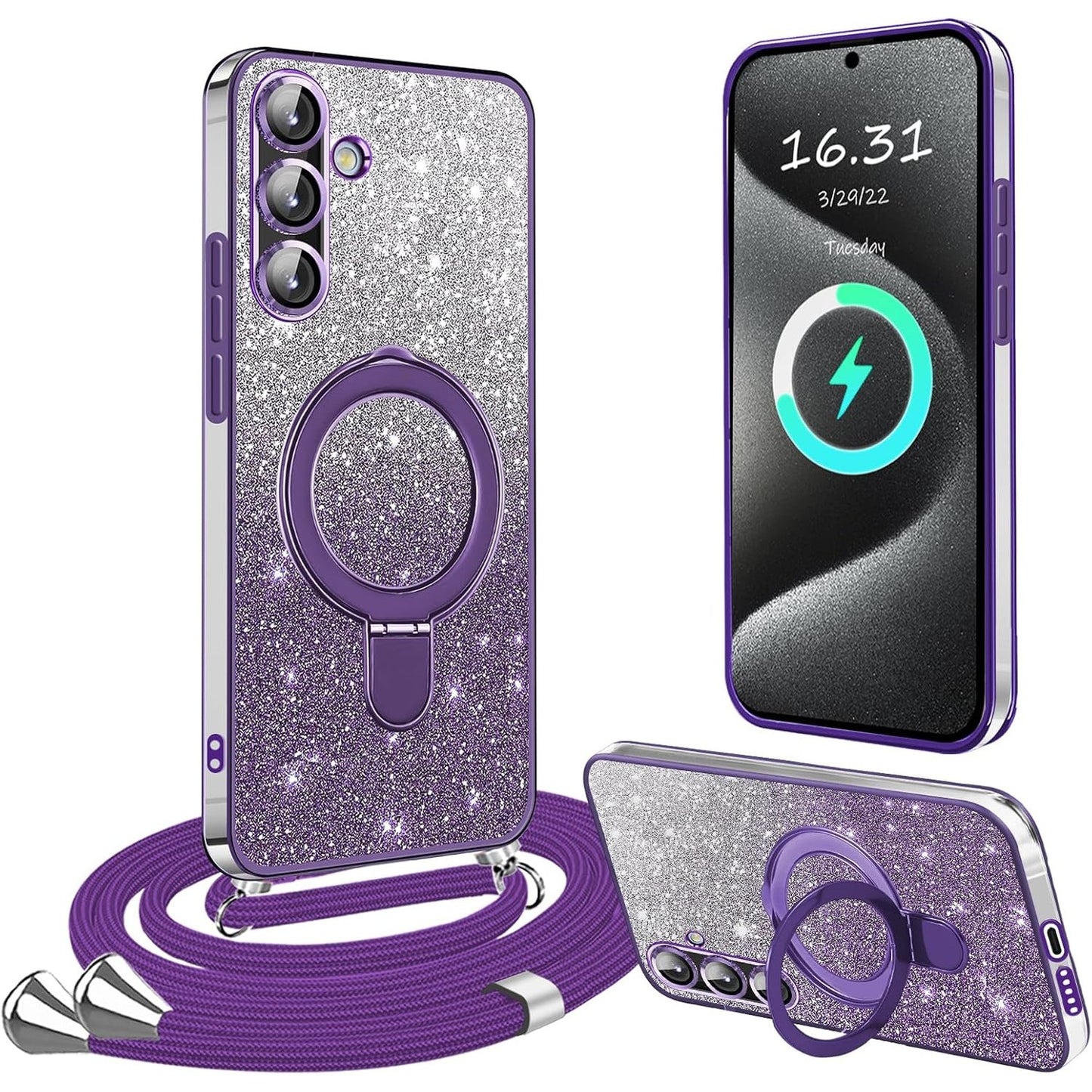 274279 - XCYYOO Mbrojtëse Telefoni për Samsung Galaxy A56 5G me Rrip, Mbrojtëse prej Silikoni Transparente, Rezistente ndaj Goditjeve, Mbështetëse Unaze me Zinxhir - Vjollcë
