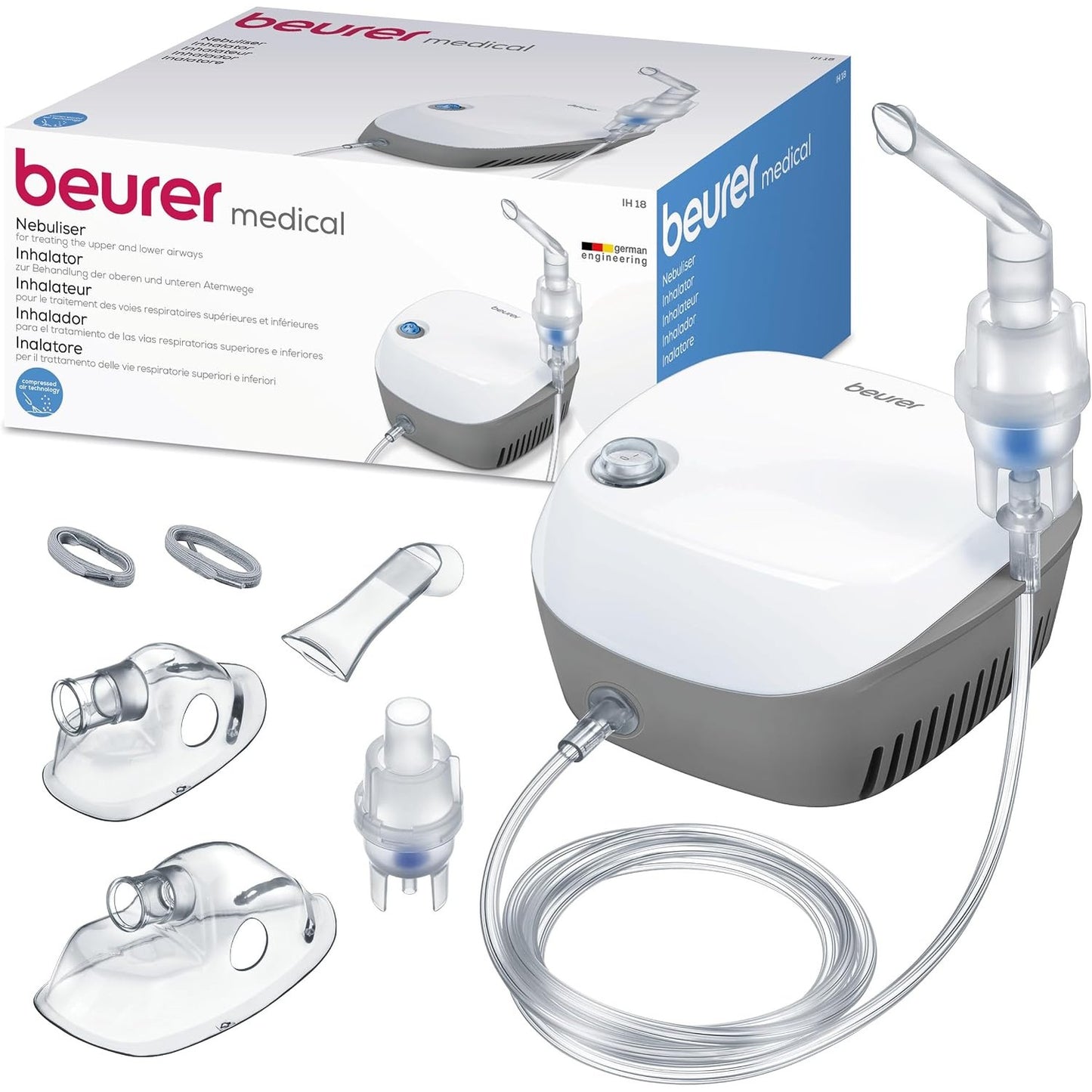 292841 - Beurer Nebulizator IH 18, kompresor DC, për thithje dhe trajtim të traktit respirator, i bardhë, set i plotë me 8 pjesë