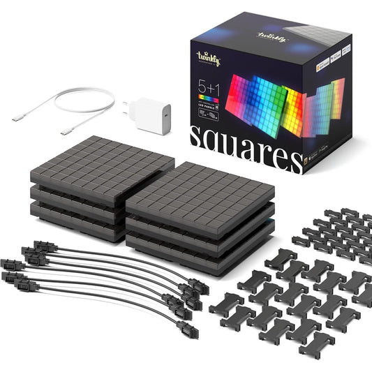 191060 - TWINKLY Kit fillestar Squares, Panele LED RGB, Përfshin 1 Panel Kryesor dhe 5 Panele Zgjerimi, I pajtueshëm me HomeKit, Alexa dhe Google Home, Drita Lojërash dhe Transmetimi, Mbi 16M Ngjyra