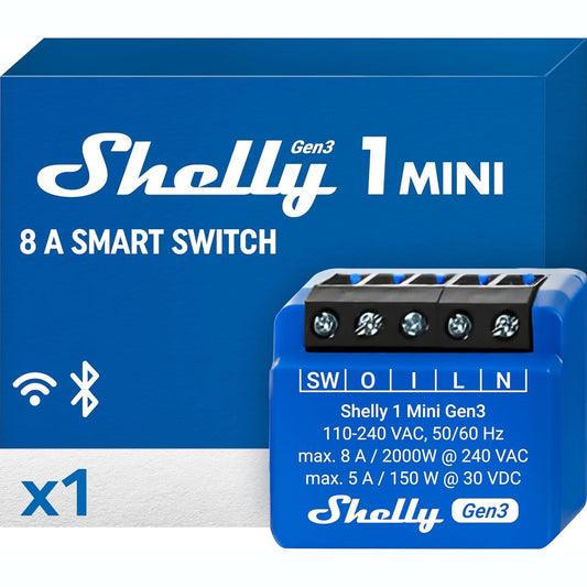 164048 - SHELLY 1 Mini Gen3, Stafetë WiFi dhe Bluetooth, 1 Kanal 8A, Automatizim Shtëpie, Kontakte të Thata, Kontroll i Dritës Në Distanca, Madhësi Kompakte, Kompatibil me Alexa dhe Google Home, Përdorues iOS dhe Android
