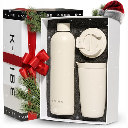 227462 - K-VIBE – Set Dhurate prej Filxhani Termosi 350ml dhe Shisheje Çeliku Inoks, filxhan kafeje termos me kapak që shtypet shpejtë, bazë që nuk rrëshqit, filxhan kafeje i izoluar pa BPA
