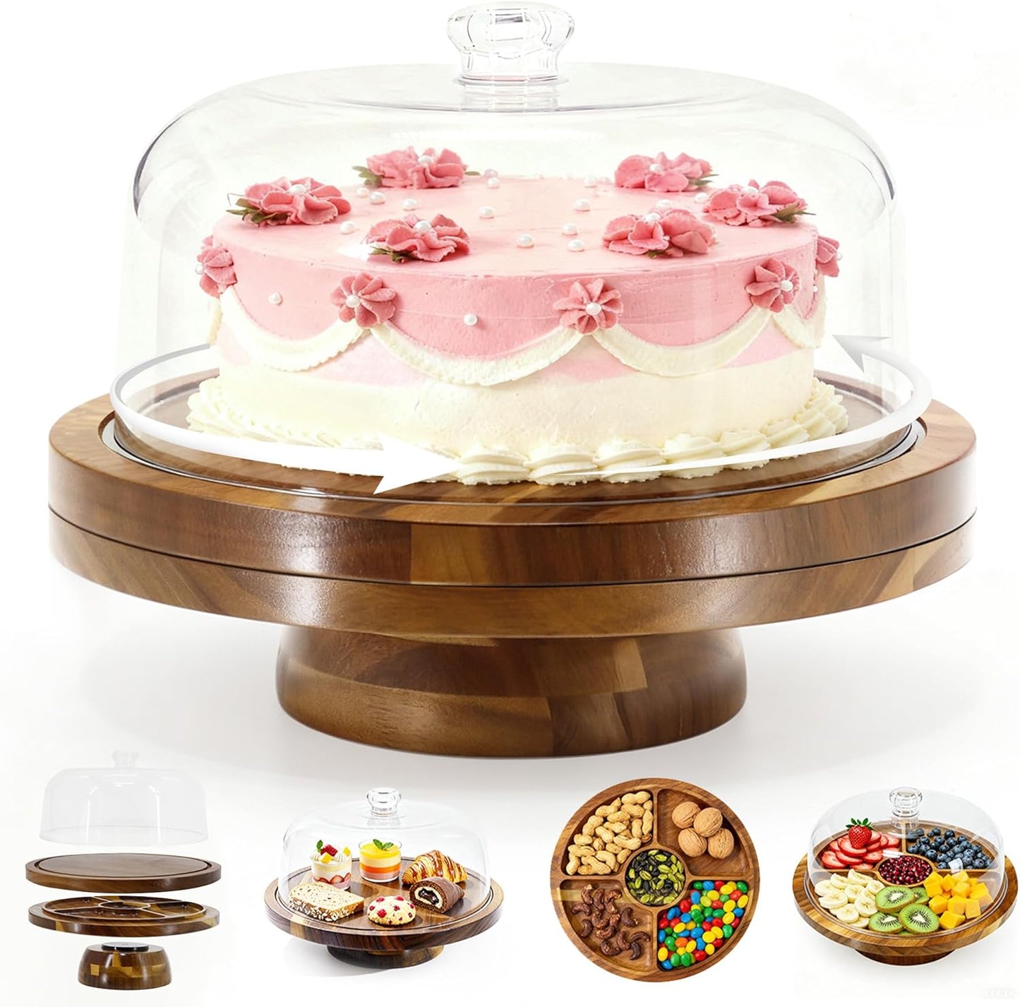 217317 - Stand Torte Rrotulluese, prej druri me kapak dhe bazë, 4 dërrasa torte të artë, pjatë rrotulluese e rrumbullakët 30 cm për pjekje dhe dekorim