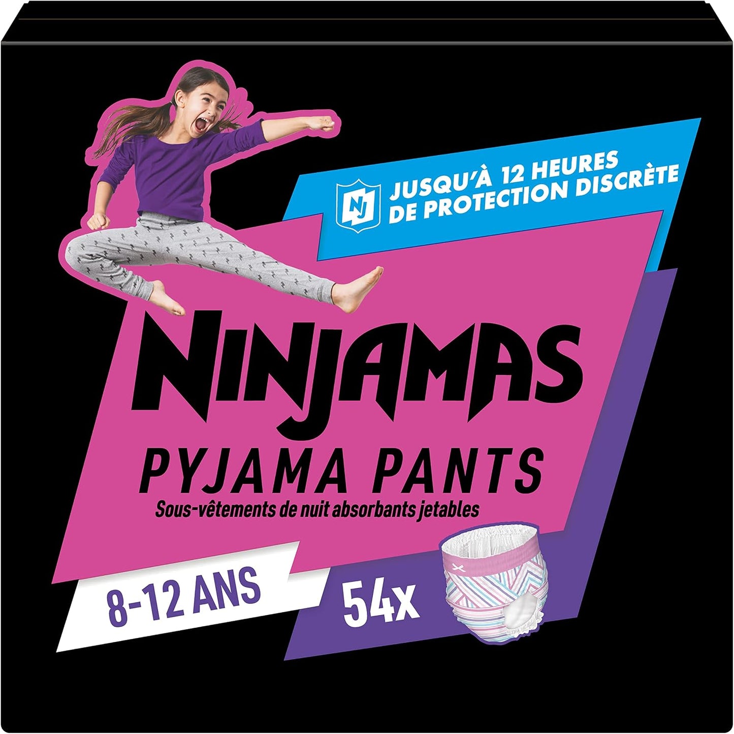 292696 - PAMPERS Pantallona Pizhame Ninjamas, Vajza, 54 veshje nate thithëse, Mosha 8-12 vjeç, 27-43 kg, Mbrojtje maksimale kundër rrjedhjeve, Pako 1-Mujore