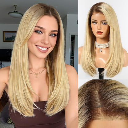 274926 - HAIRCUBE Paruke 33 x 15 cm HD transparente me dantellë përpara, bjonde ombré, paruke sintetike e gjatë dhe e drejtë me flokë, paruke pa ngjitës me vijë natyrale flokësh dhe kapak të rregullueshëm