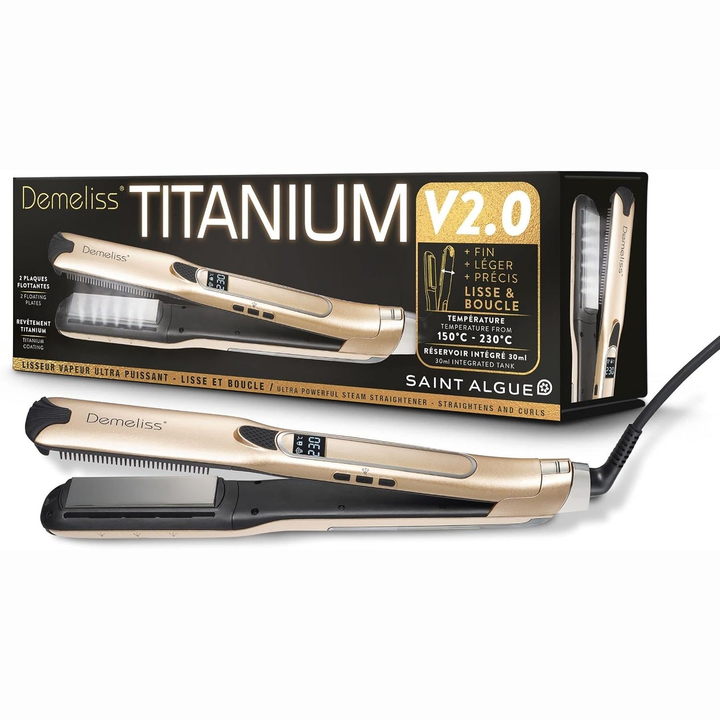274980 - DEMELISS Drejtues flokësh me avull Titanium V2.0, Pllaka lundruese të holla, avull ultra i fuqishëm, Hekur/Pjatëzues/Kaçurrela 2-në-1, për të gjitha llojet e flokëve