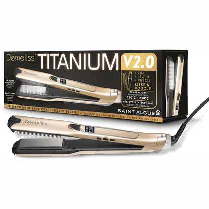 274980 - DEMELISS Drejtues flokësh me avull Titanium V2.0, Pllaka lundruese të holla, avull ultra i fuqishëm, Hekur/Pjatëzues/Kaçurrela 2-në-1, për të gjitha llojet e flokëve