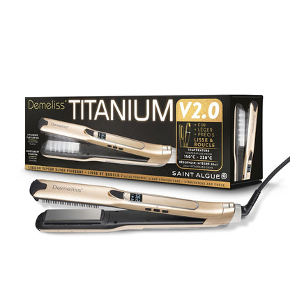 301714 - Demeliss Pjatë për flokë me avull Titanium V2.0, Pllaka lundruese të holla, të lehta dhe ergonomike, Avull ultra i fuqishëm, Hekur/Pjatë për flokë/Kaçurrela me avull 2-në-1