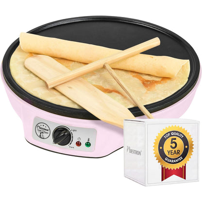 277497 - BESTRON Makinë për përgatitjen e krepave, dizajn retro, diametër 30 cm, përfshin shpërndarës brumi dhe kthyes krepash, 1000 vat, ngjyra: rozë