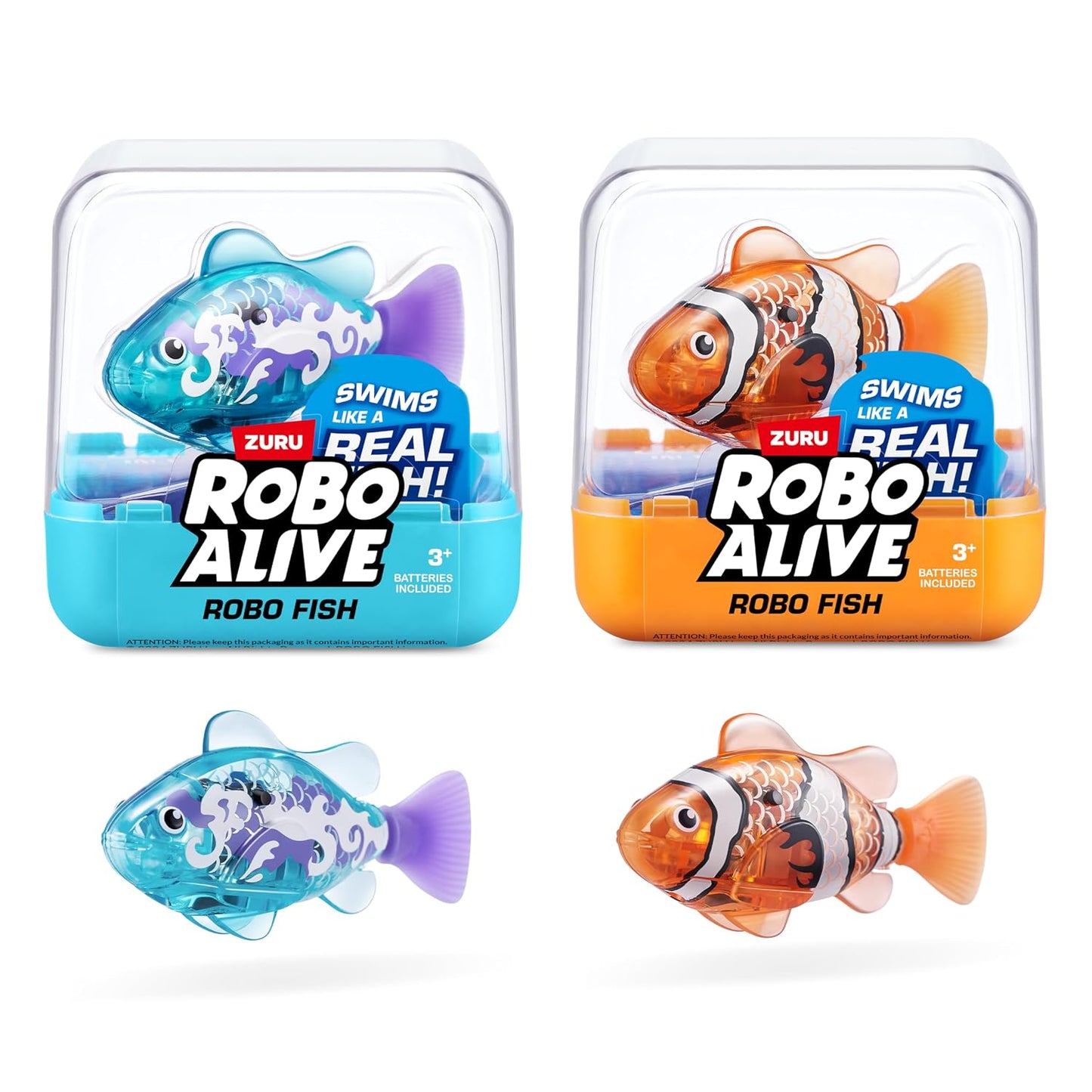 293732 - ROBO ALIVE Seria 3 e Peshqve Robotikë, Pako me 2, Portokalli dhe Blu-Jeshil, Noton në disa drejtime, Funksionon me Bateri, Peshk Lodër, Lodër Pishine