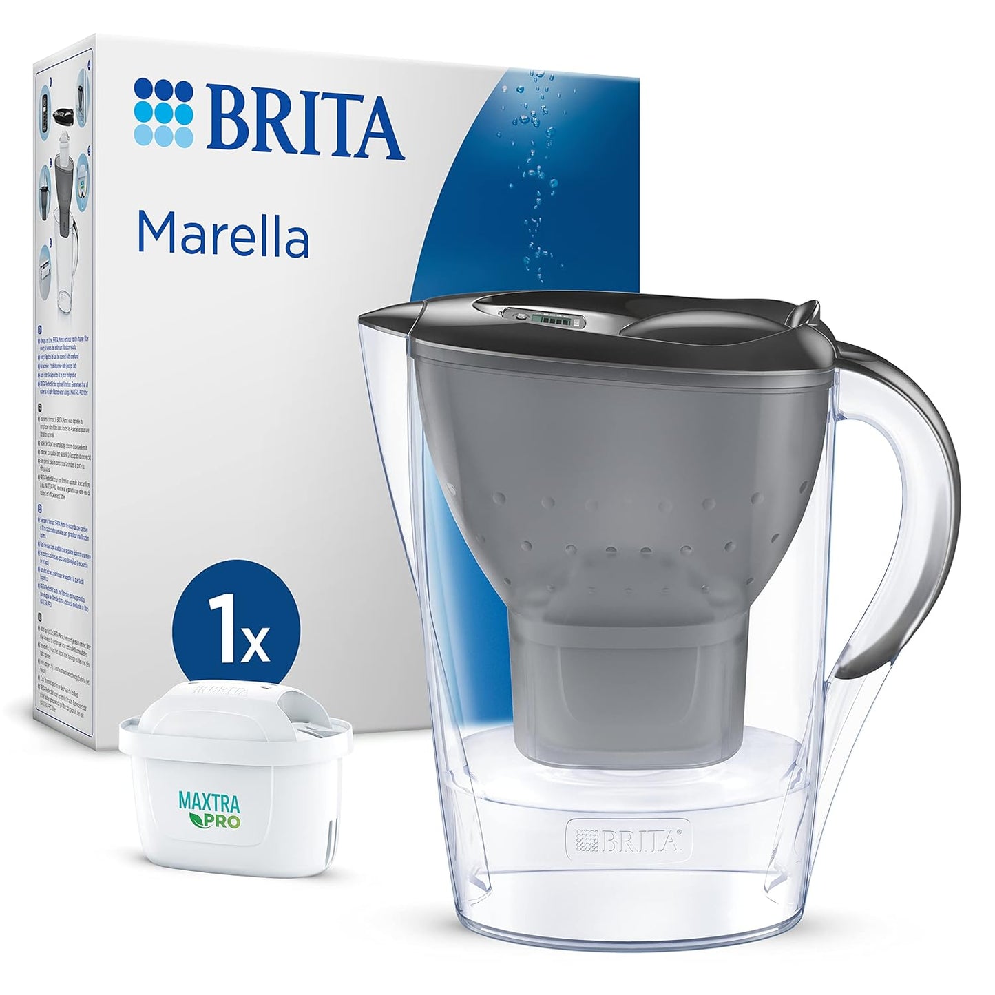 184309 - BRITA Marella, Enë Filtri Uji Grafiti (2.4L) përfshirë 1x Fishek MAXTRA PRO Pure Performance, E Sigurt për në Frigorifer me BRITA Memo, Kapak me Mentesha, Filtron Papastërtitë
