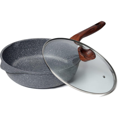222195 - RIOVARM Tigan i thellë 28 cm me kapak, Tigane induksioni jo-ngjitëse, Tigane graniti për vezë pa PFOA, Tigan mermeri për tortilla me dorezë bakeliti prej druri, i përshtatshëm për gaz