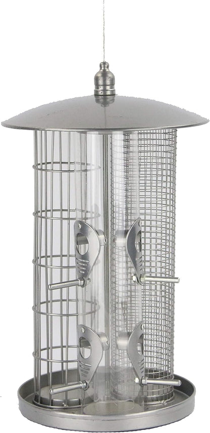228036 - Dehner Natura Premium Ushqyes i trefishtë për zogj të egër, stacion ushqimi 3-në-1, ushqyes i qëndrueshëm ndaj kushteve atmosferike, Ø 22 cm, lartësi 36.5 cm, metal, argjend